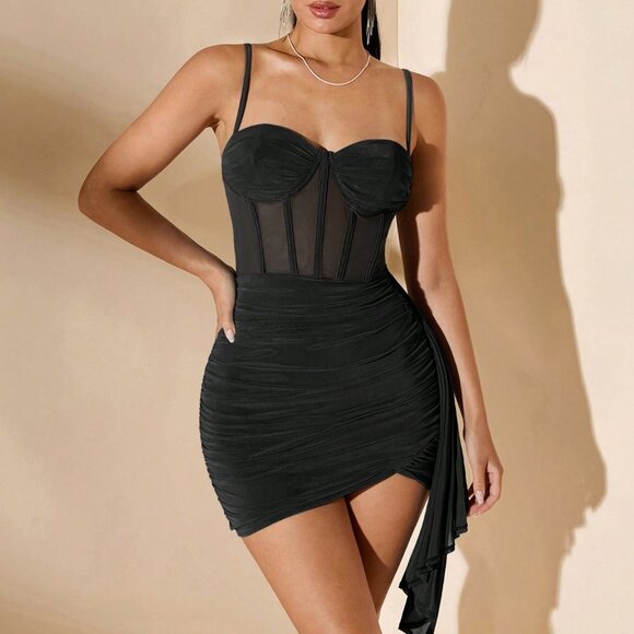 Black Party Womens Bodycon Sleeveless Mini Dress With Ruching & Cutout Details - Picture 5 of 9